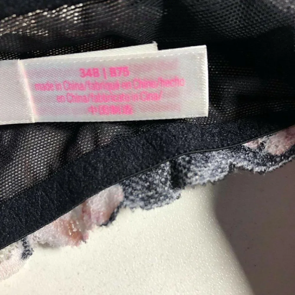 #3462-5 Victoria Secret Pink Pink Black Floral Front Closure Push Up Bra 34B